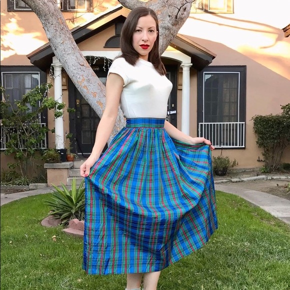 Dresses & Skirts - Vintage 1960s Blue Plaid Taffeta Maxi Skirt S